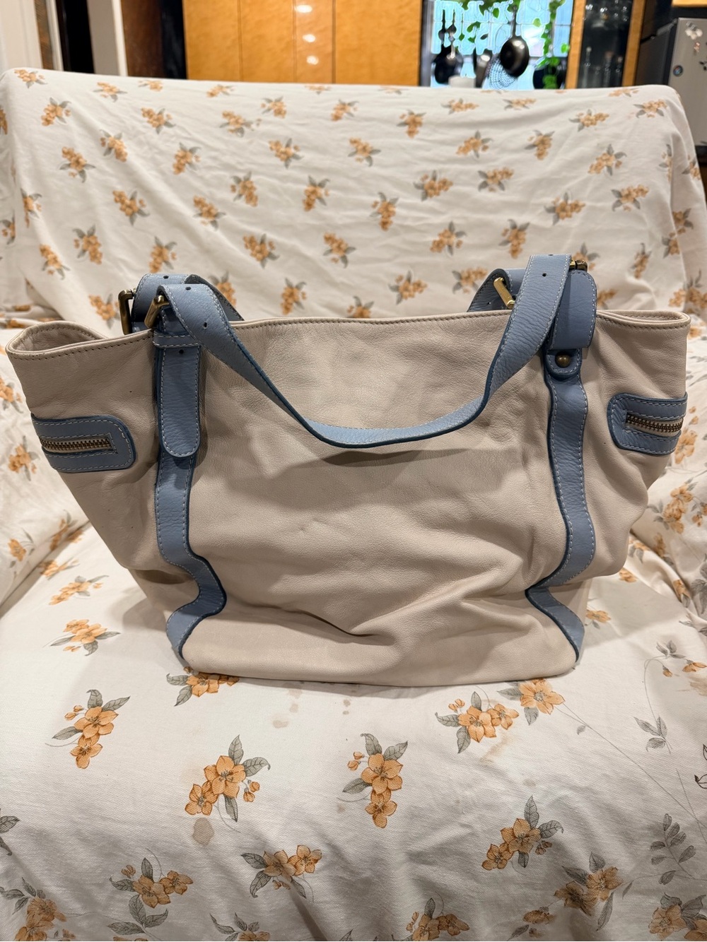 Cream & Dusty Blue Large Tote Shoulder Bag – Zip Pockets